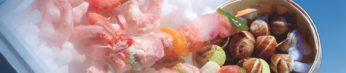 Variety of frozen seafood on dry ice